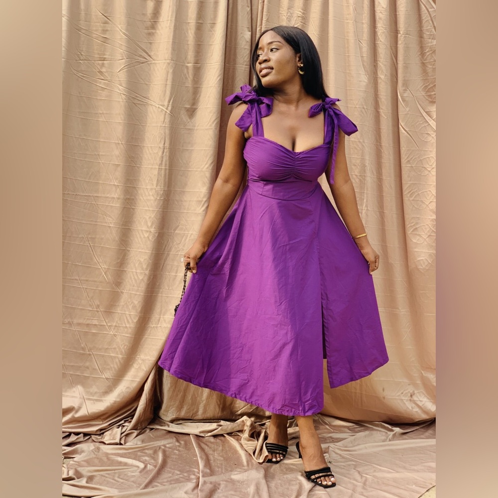 NWOT Purple Ruched Dress with Tie-Strap Sleeves & Slit - Size US16/UK18